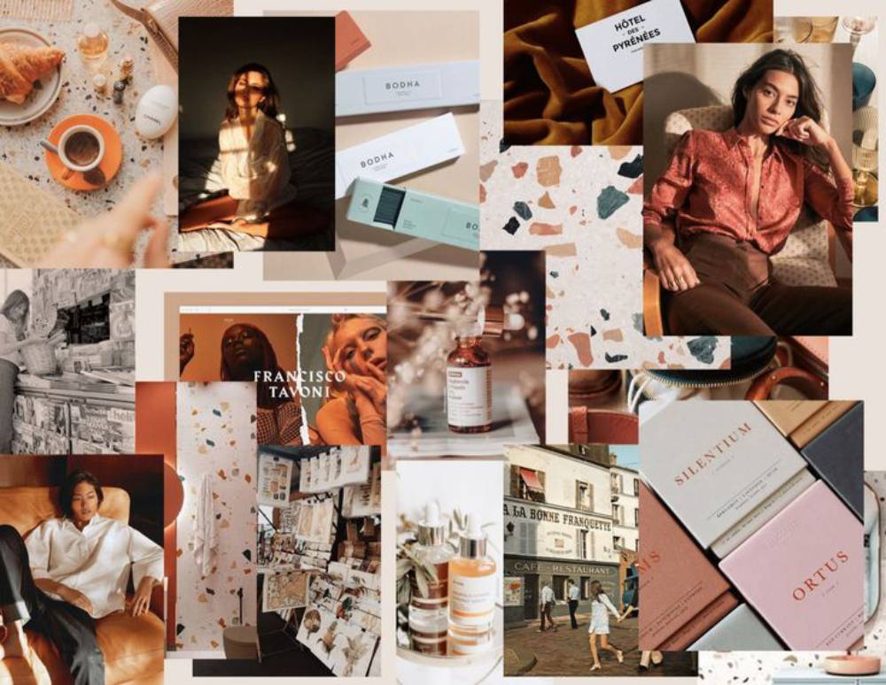 A Vision-Board collage of lifestyle elements featuring coffee, pastries, skincare products, fashion, and vintage cafes.