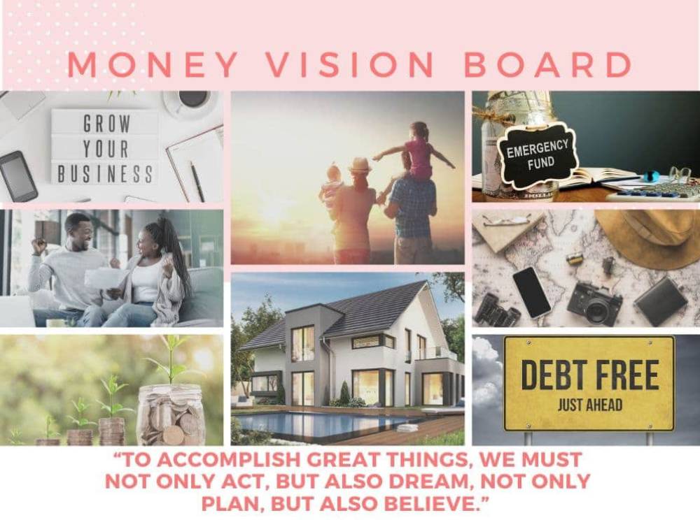 A money vision board featuring phrases like 'Grow Your Business,' 'Emergency Fund,' and 'Debt Free,' alongside images of savings and a house.