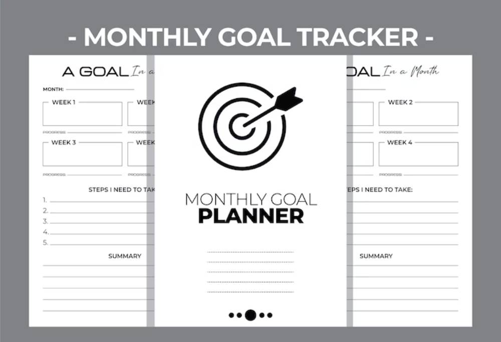 A monthly goal tracker sheet featuring sections for weeks, progress tracking, steps to take, and a summary.