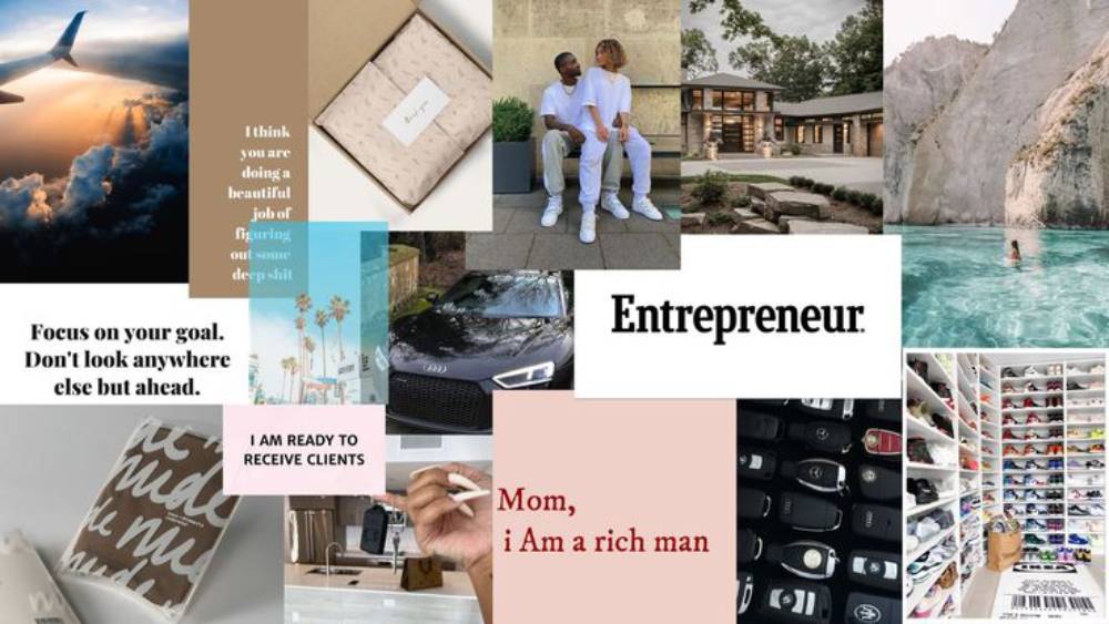 A collage featuring inspiring quotes, luxury items, travel, and entrepreneurs, showcasing ambition and success in various forms.