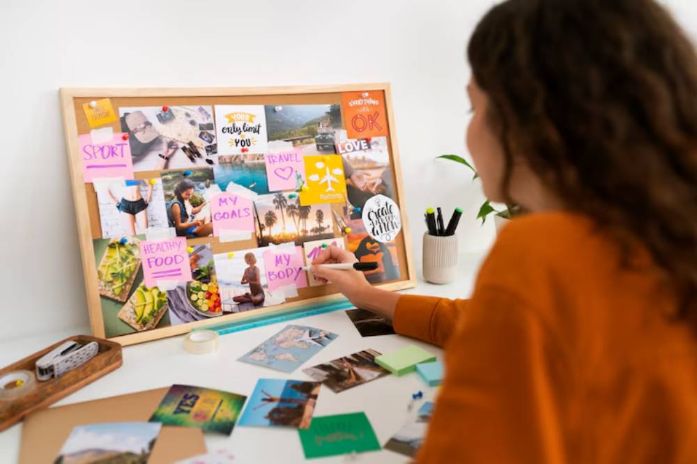 A person creates a vision board with photos and sticky notes highlighting goals like travel, health, and fitness on a desk.