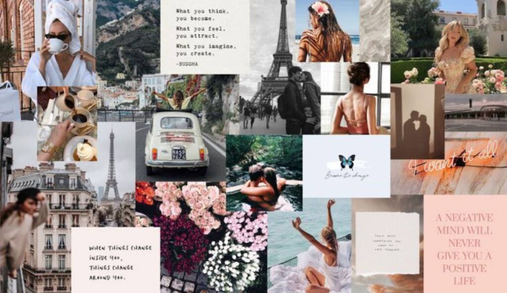 A vibrant vision board collage featuring travel, food, nature, love, and inspiring quotes, creating a dreamy, motivational aesthetic.