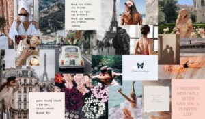 A vibrant vision board collage featuring travel, food, nature, love, and inspiring quotes, creating a dreamy, motivational aesthetic.