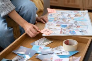 A person arranging photos and notes on a vision board, surrounded by printed images and tape on a wooden table.