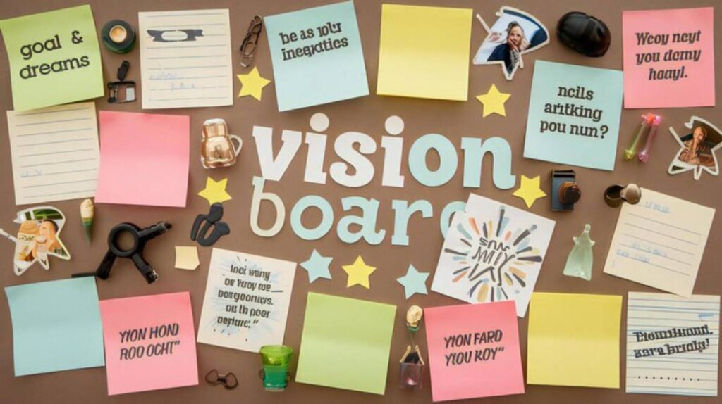 A colorful vision board featuring sticky notes, motivational quotes, and decorative items, promoting goal setting and personal inspiration.
