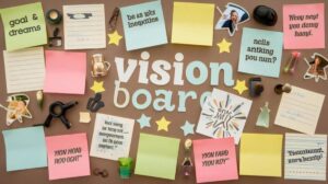 A colorful vision board featuring sticky notes, motivational quotes, and decorative items, promoting goal setting and personal inspiration.