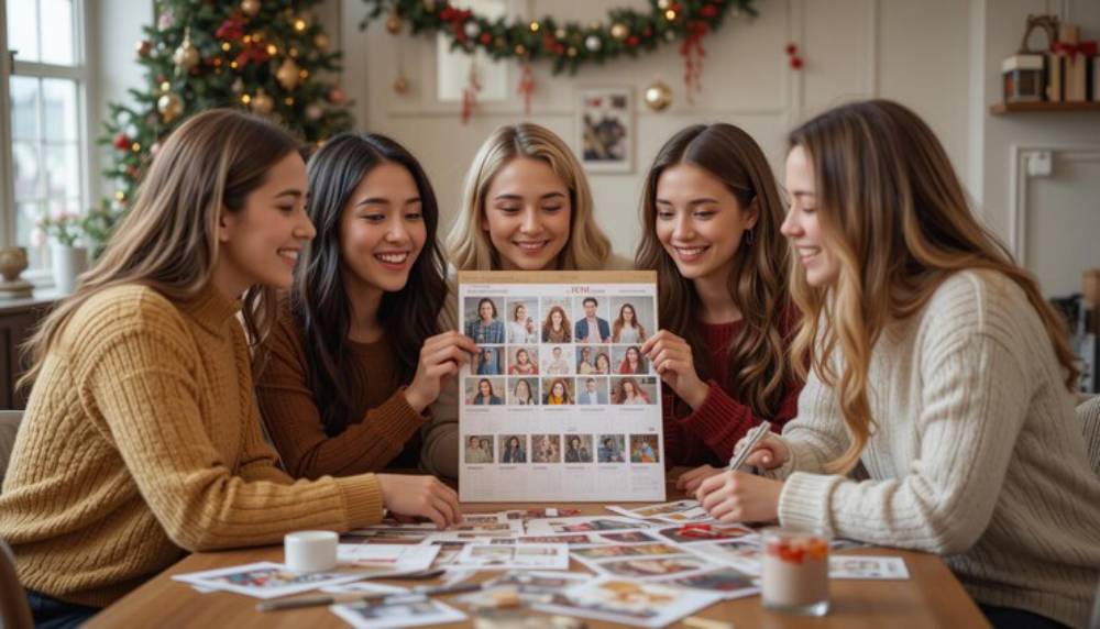 Five women sit around a table covered with photographs and a calendar, discussing in a cozy, festive room decorated for the holidays.