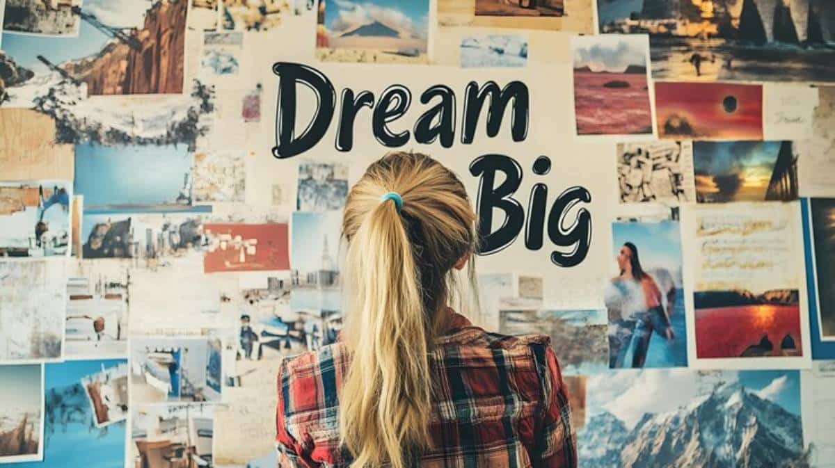 A person standing in front of a wall covered with inspiring images and the words "Dream Big" prominently displayed.