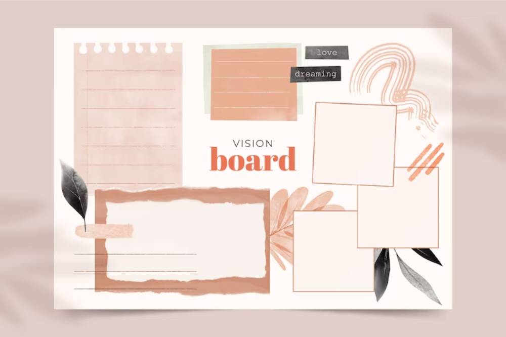 A pastel-colored vision board with empty spaces for notes, decorated with leaves, and featuring phrases like 'love' and dreaming.