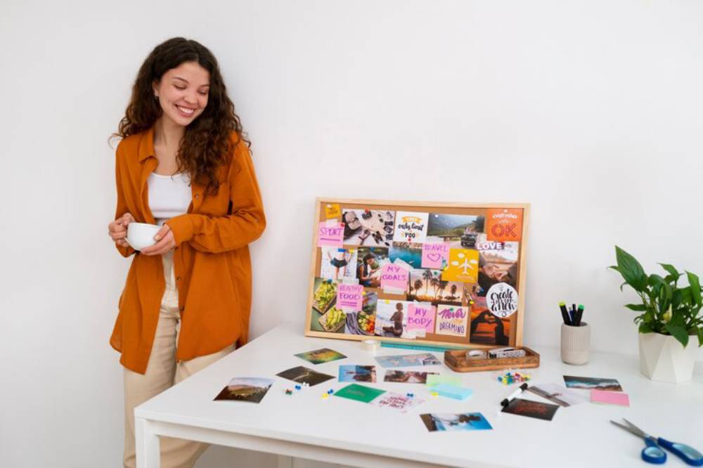 A person holds a cup while standing next to a vision board filled with colorful post-it notes and images, surrounded by stationery and a plant.