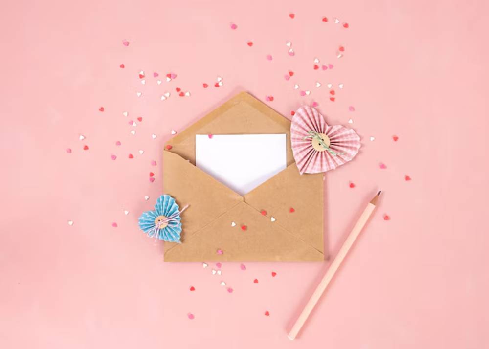 An open envelope with a blank note inside, decorated with blue and pink paper hearts, surrounded by colorful heart confetti and a pencil.