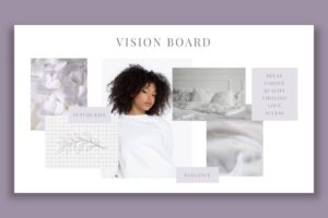 A stylish vision board featuring soft floral elements, a cozy white bed, and motivational words emphasizing relaxation and elegance.