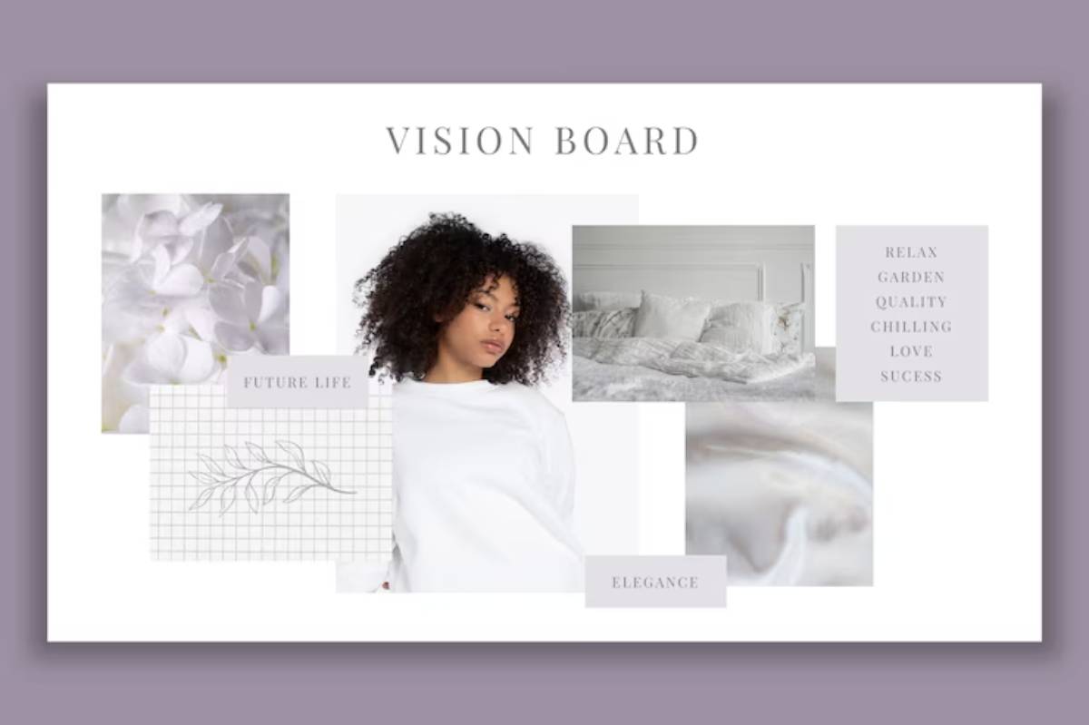 A stylish vision board featuring soft floral elements, a cozy white bed, and motivational words emphasizing relaxation and elegance.
