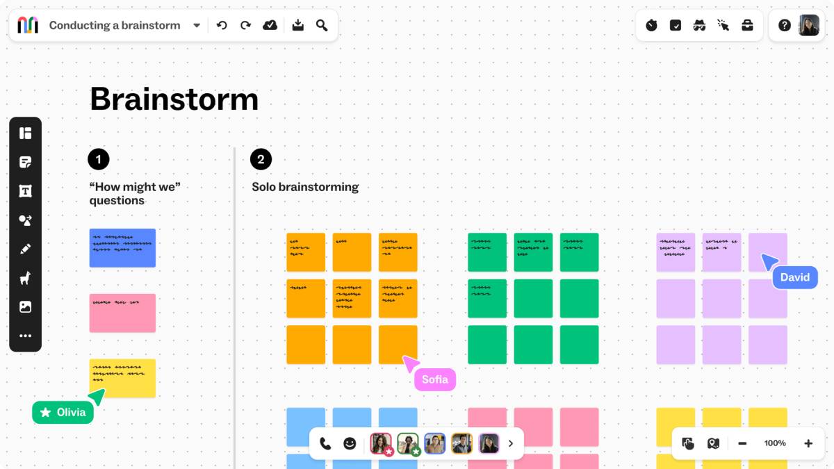 Digital brainstorming session displaying colorful sticky notes organized into categories, featuring participant names and collaborative icons.
