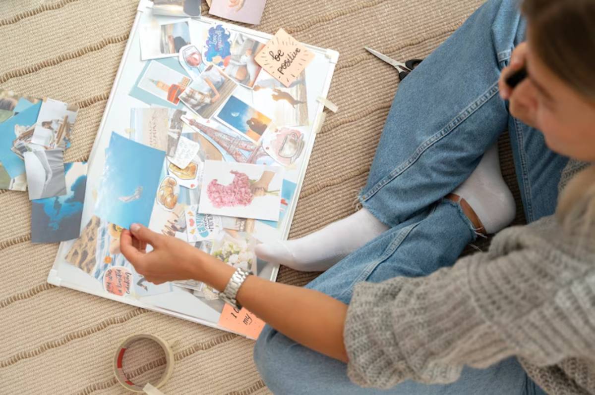 A person sitting on a rug arranges postcards and photos on a vision board, surrounded by crafting materials like scissors and tape.
