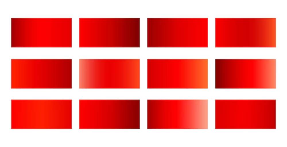 A grid of 12 red rectangles showcasing various shades and gradients of red, from solid to subtly lighter tones.