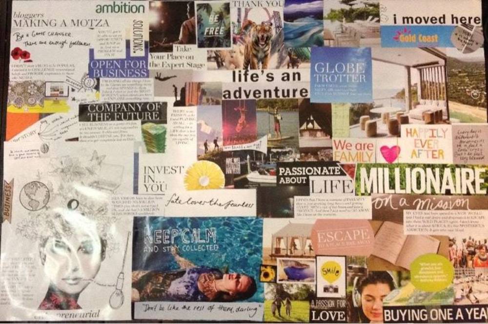 A vibrant collage of motivational quotes, travel imagery, and themes of ambition, adventure, and family, showcasing a positive mindset.