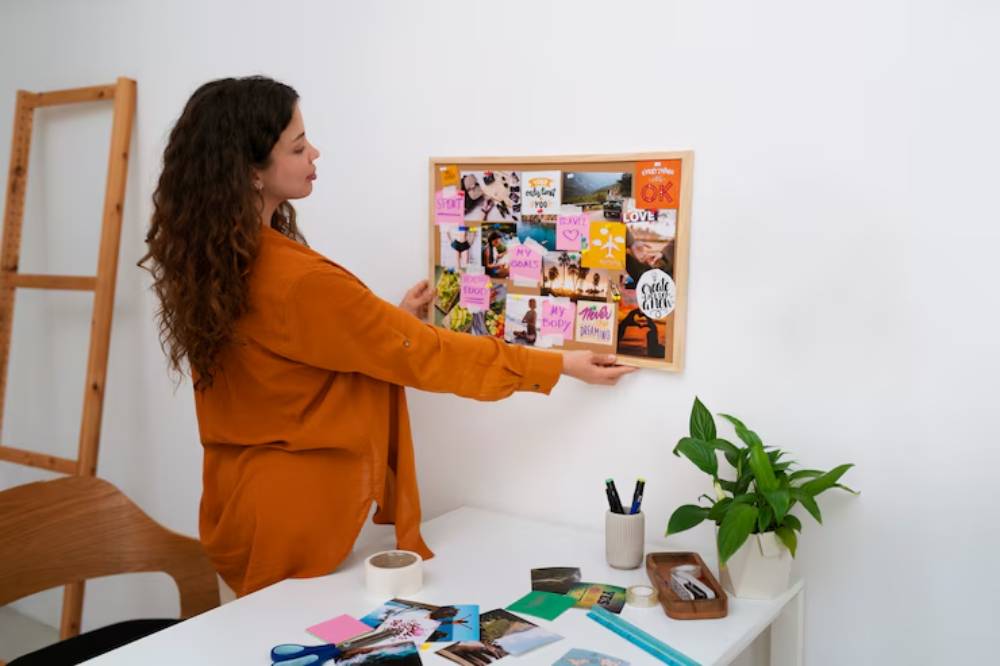 A person in an orange shirt holds a wooden bulletin board filled with colorful notes and images, with a green plant on a table nearby.