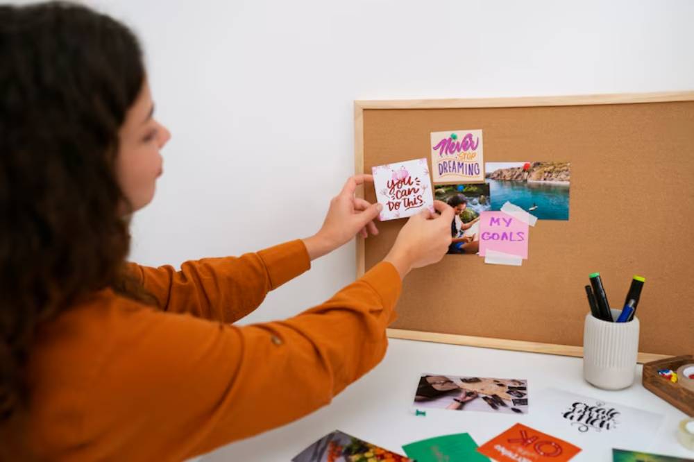 A person in a cozy orange sweater is attaching motivational notes and photos to a corkboard, surrounded by stationery.