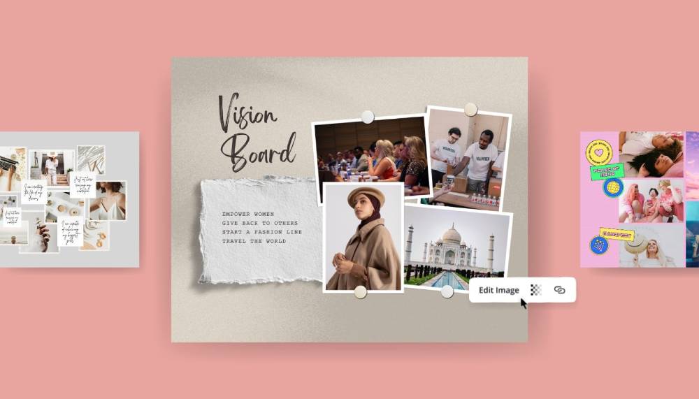 A vision board collage featuring empowering messages, travel destinations, and inspirational activities against a soft pink background.