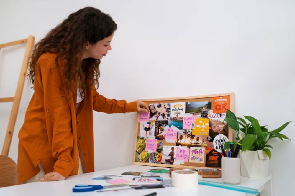 A person in an orange shirt interacts with a vision board featuring photos and sticky notes, with office supplies and a plant on the table.