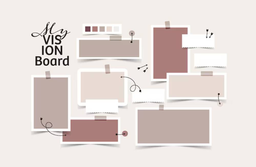 A creative vision board featuring various blank notes and color swatches in neutral tones against a light background, titled - My Vision Board.