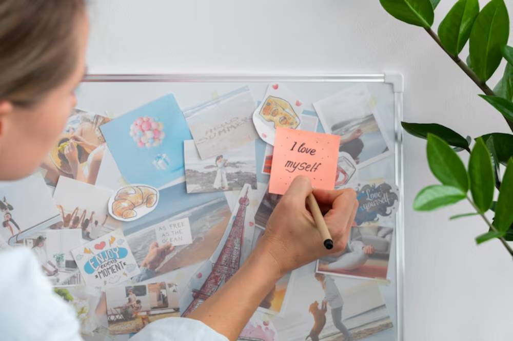A person writes 'I love myself' on a sticky note, surrounded by a colorful collage of inspirational images and messages.