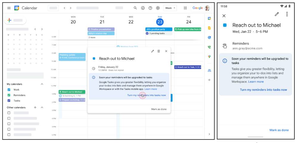 Screenshot of Google Calendar showing a reminder to Reach out to Michael with a message about upgrading reminders to tasks.
