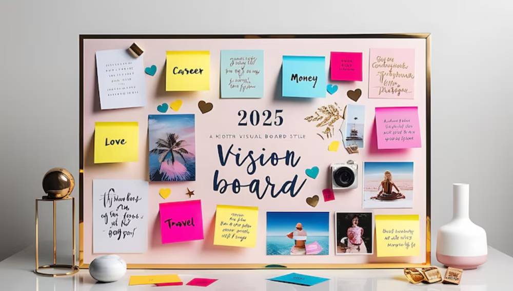A colorful vision board for 2025 featuring goals and inspirations in sticky notes, photos of travel, and motivational quotes.