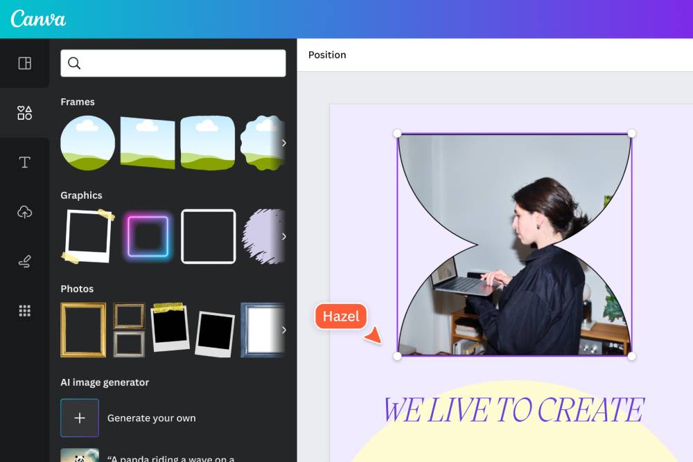 A graphic design interface displaying options for frames and graphics, with a highlighted photo placeholder labeled -Hazel.