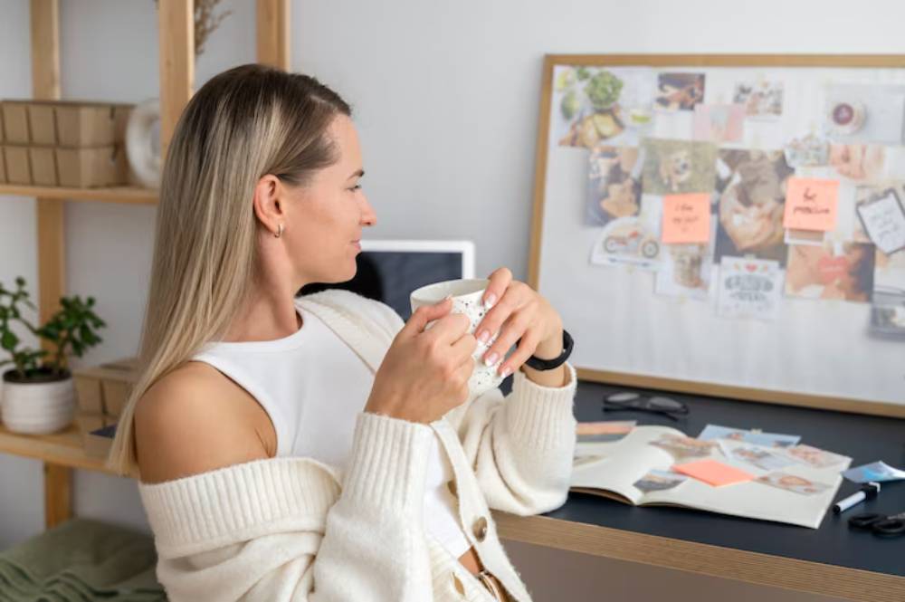 A woman in a cozy white sweater holds a mug while sitting near a desk, with a vision board and various stationery in the background.