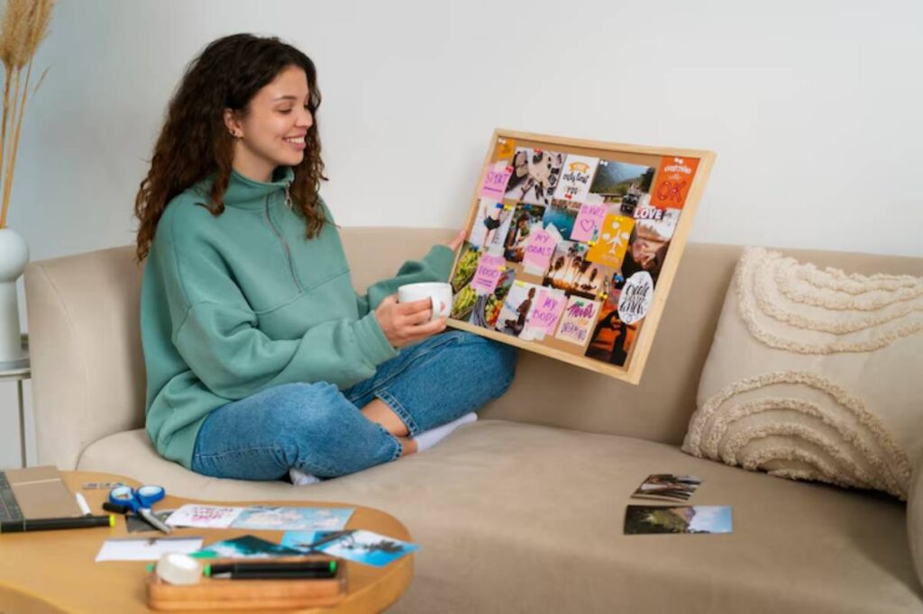 A person sits on a couch, holding a cup and displaying a vibrant vision board filled with photos and inspirational notes.