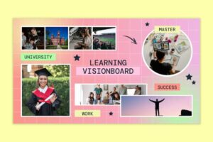 A colorful vision board showcasing themes of university, work, mastery, and success, with various related images and keywords.