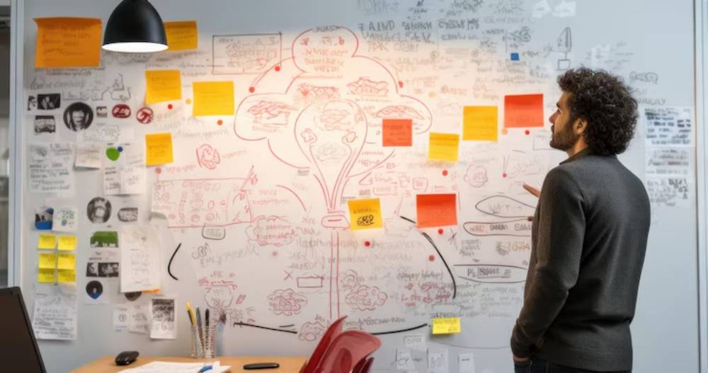 A person stands by a wall covered in colorful sticky notes, sketches, and written ideas, deep in thought and analysis.