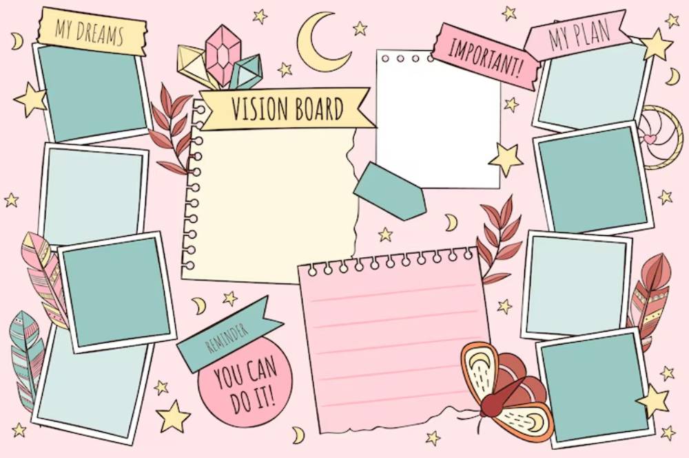 Colorful vision board layout with empty spaces for dreams, plans, and reminders on a pink background adorned with stars and leaves.