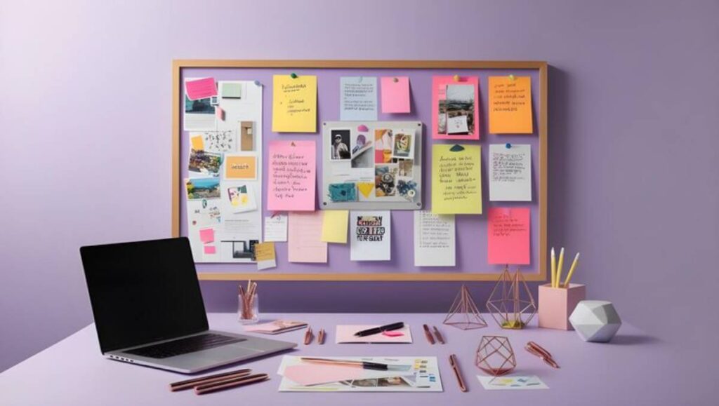 A vibrant workspace featuring a vision board filled with colorful sticky notes, photos, and sketches, alongside a laptop and stationery.