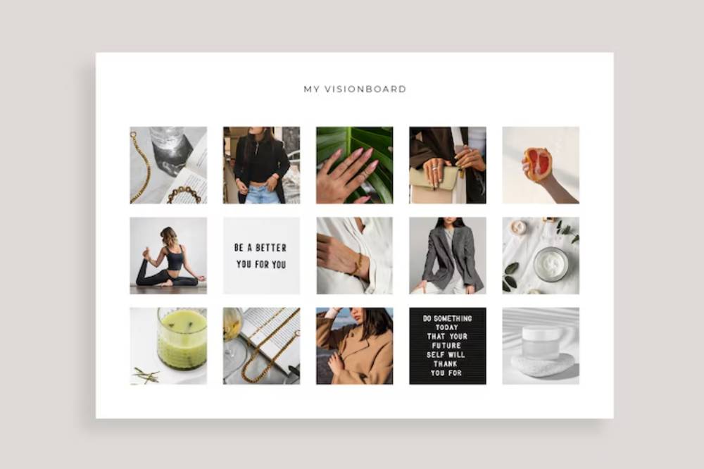 A vision board featuring motivational phrases and images of wellness, fashion, and self-care items, encouraging personal growth.