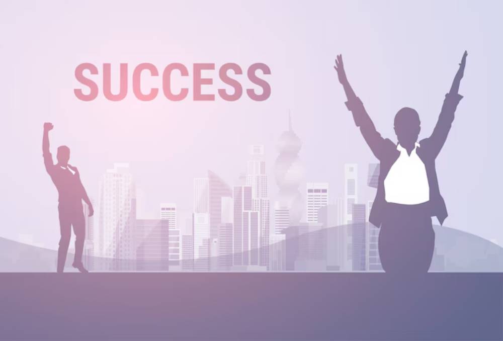 Silhouettes of a man and woman celebrating success against a pastel city skyline, with the word 'SUCCESS' prominently displayed above.