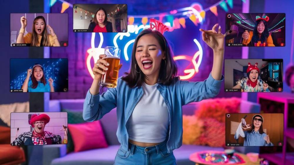 A woman raises a glass in celebration, surrounded by multiple video call windows of friends enjoying a virtual party. Bright neon lights create a festive atmosphere.